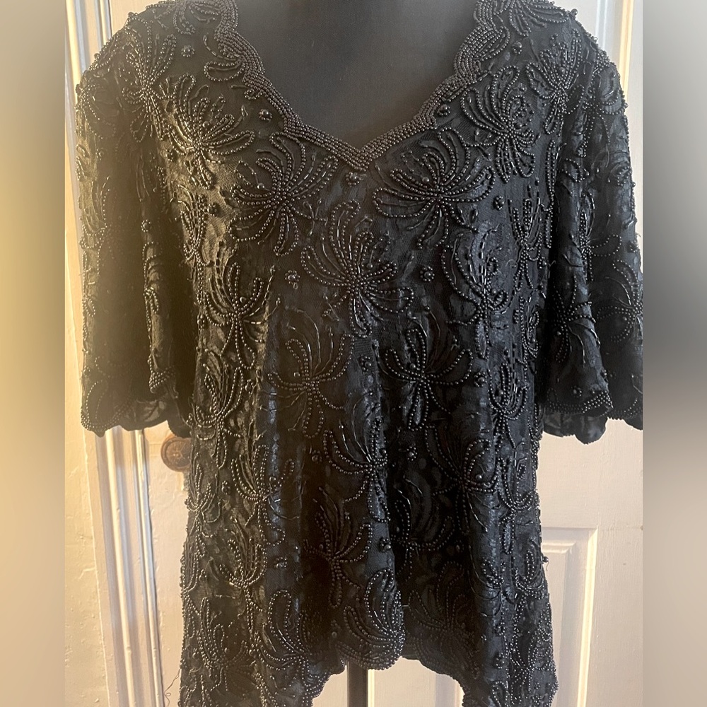 Vintage Black Beaded Floral Top